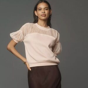 Anthropologie Maeve Short Sleeve Sheer Inset Knit Top in Pale Pink Size